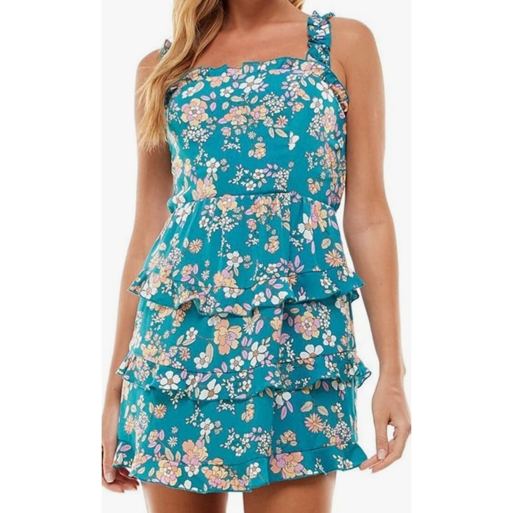 City Vibe Tiered Ruffle Floral Dress Turquoise Size M